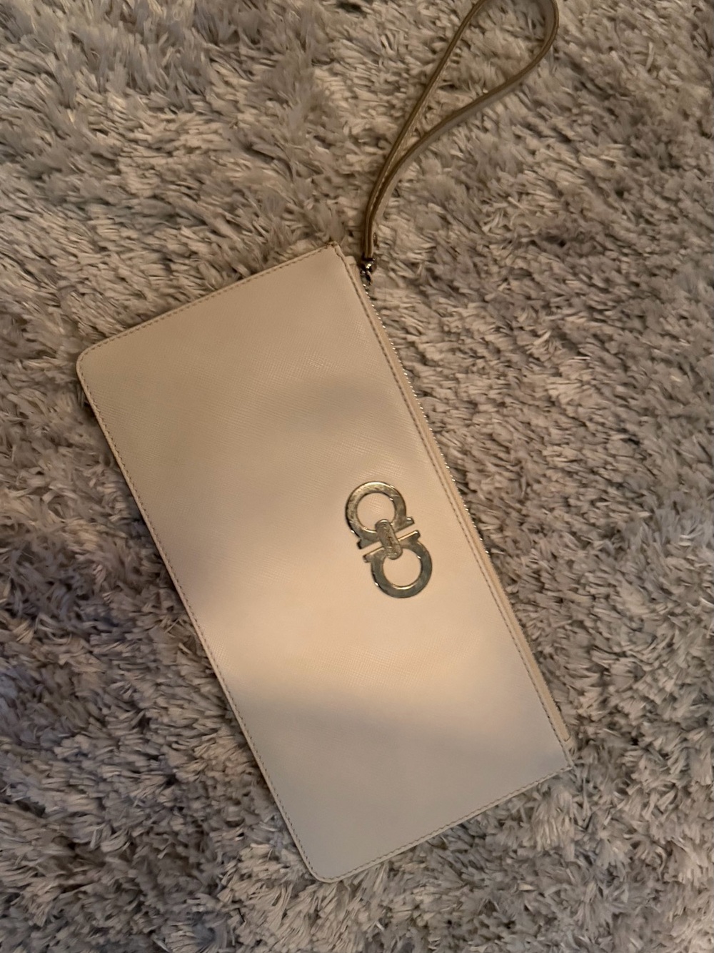 Salvatore Ferragamo Cream Wristlet Clutch with Gold Gancini